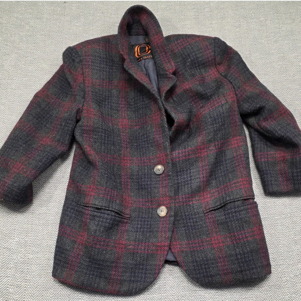 Ellen Tracy Vintage 100% Pure Wool Plaid Blazer Charcoal Burgundy Size 4